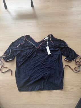 Trina Turk Navy Cold-Shoulder Top with Multicolor Braid Trim